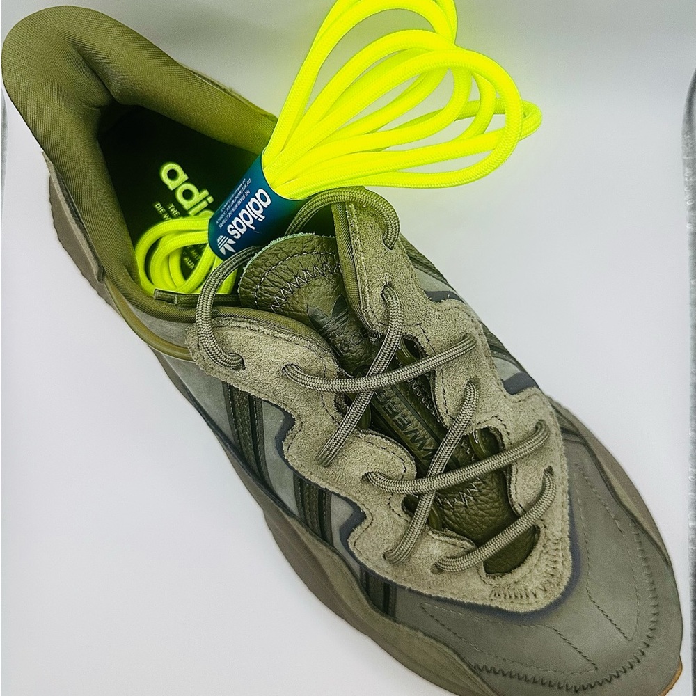 Adidas Khaki Sneakers with Bright Yellow Laces